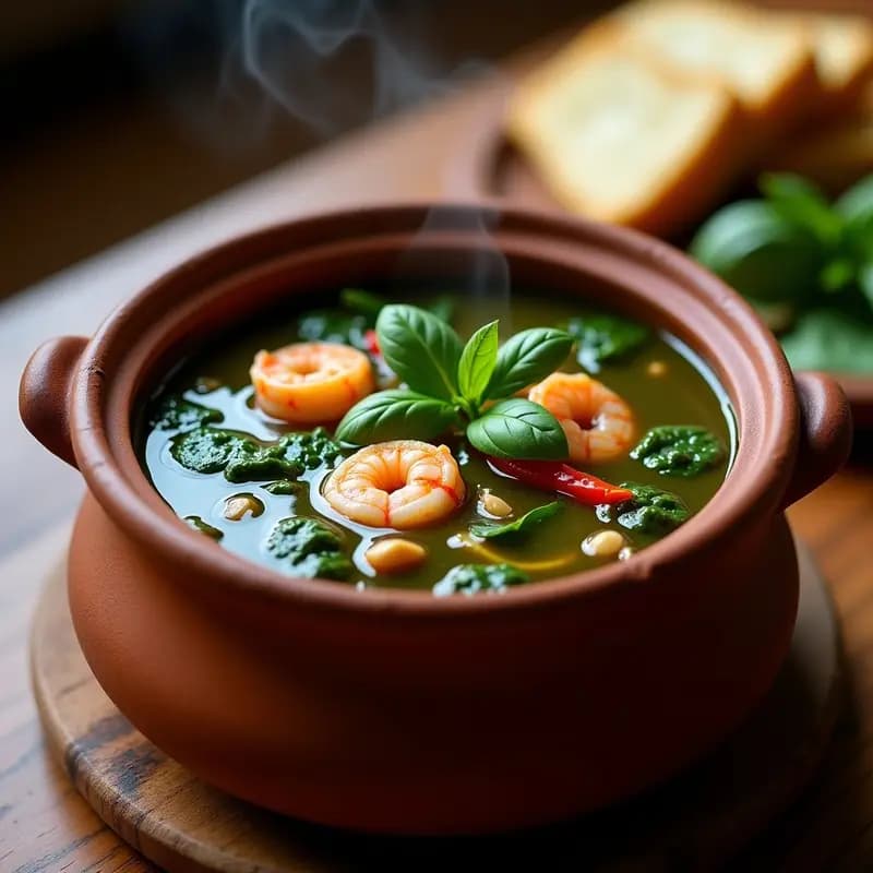 Olla de barro humeante con O Ewé, sopa nigeriana espesa de color verde oscuro con trozos de espinacas, camarones rosados y un toque cremoso de cacahuete, decorada con hojas de albahaca fresca.