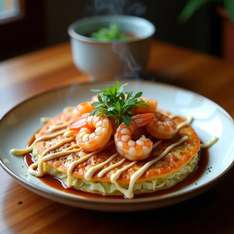 Okonomiyaki japonés de col repollo y camarones dorado, servido en plato blanco con salsa umami brillante, mayonesa en zigzag, copos de bonito y algas nori, receta tradicional japonesa.