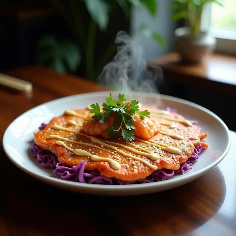 Okonomiyaki japonés de col morada y camarones, dorado y crujiente, servido en plato blanco con salsa okonomiyaki, mayonesa en zigzag, semillas de sésamo y tiras de alga nori. Receta japonesa versátil y colorida.