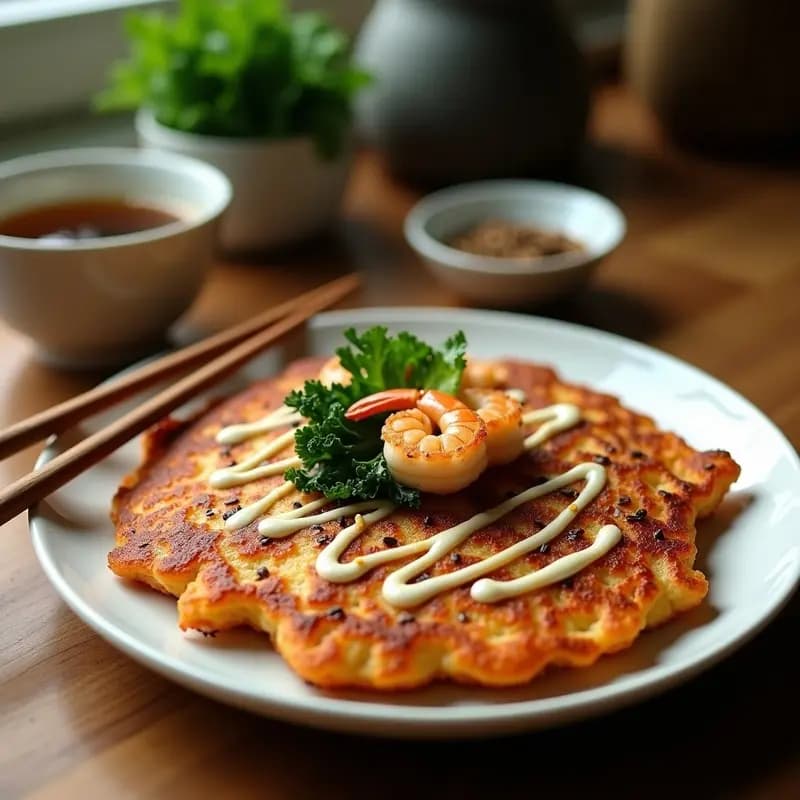 Okonomiyaki de col rizada y camarones dorado y crujiente, servido en plato blanco con decoración de salsa okonomiyaki, mayonesa vegana, algas nori y semillas de sésamo, receta japonesa en airfryer.
