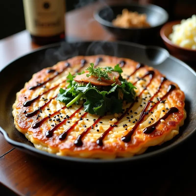 Okonomiyaki de col rizada y cerdo en sartén de hierro, dorado por ambos lados, con salsa umami brillante, mayonesa en zigzag, semillas de sésamo negro y bonito en escamas. Plato tradicional japonés con textura crujiente y jugosa.