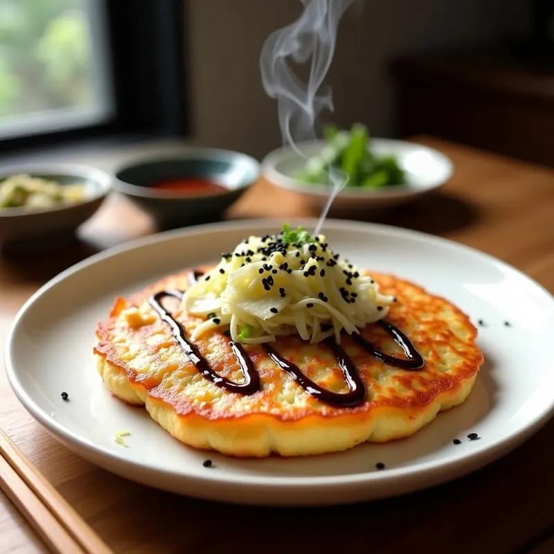 Okonomiyaki de Col y Tofu servido en plato de cerámica blanca, con salsa umami brillante y semillas de sésamo negro espolvoreadas, acompañada de alga nori en copos.