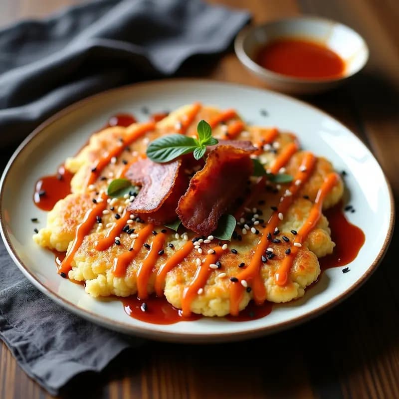 Okonomiyaki de coliflor y bacon vegano en sartén, dorado por ambos lados, servido en plato de madera con salsa umami brillante, mayonesa vegana en zigzag, semillas de sésamo negro y blanco, algas nori y bacon vegano crujiente encima. Receta japonesa saludable y alta en proteína.