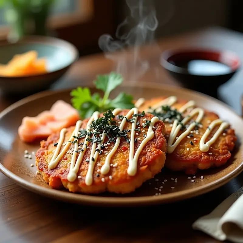Okonomiyaki japonés low-carb con base de coliflor dorada y crujiente, cubierto con tiras de cerdo jugoso, salsa tonkatsu brillante, mayonesa, semillas de sésamo, copos de bonito y algas nori. Servido sobre hojas de lechuga verde en un plato de cerámica blanca, con fondo de madera rústica.