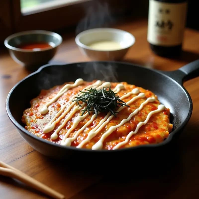 Okonomiyaki japonés dorado en sartén, con col blanca, cerdo en tiras, bañado en salsa okonomi oscura y mayonesa blanca en zigzag, decorado con copos de bonito, algas nori y semillas de sésamo.