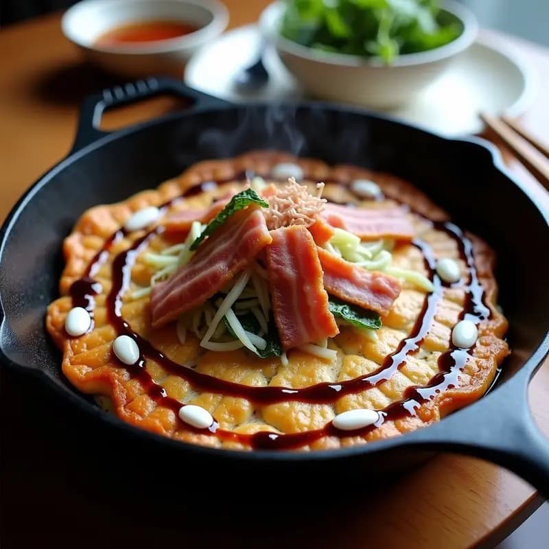 Okonomiyaki japonés con repollo y bacon dorado en sartén, cubierto de salsa okonomiyaki brillante, mayonesa en zigzag, copos de bonito y algas nori, receta salada y dulce.