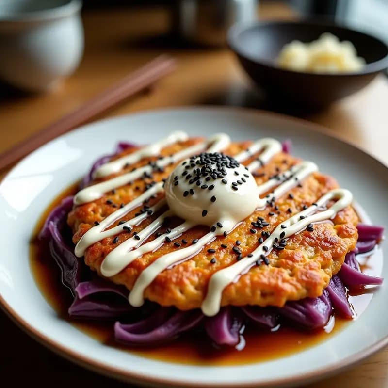 Okonomiyaki japonés dorado y crujiente en airfryer, con repollo morado vibrante, decorado con salsa tonkatsu brillante, mayonesa vegana en zigzag y semillas de sésamo negro sobre un plato de cerámica blanca, acompañado de palillos.
