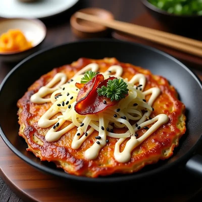 Okonomiyaki japonés vegano dorado y crujiente en sartén, con repollo fresco, bacon de tempeh ahumado, salsa okonomiyaki brillante, mayonesa vegana, semillas de sésamo negro y algas nori, servido en plato de cerámica.