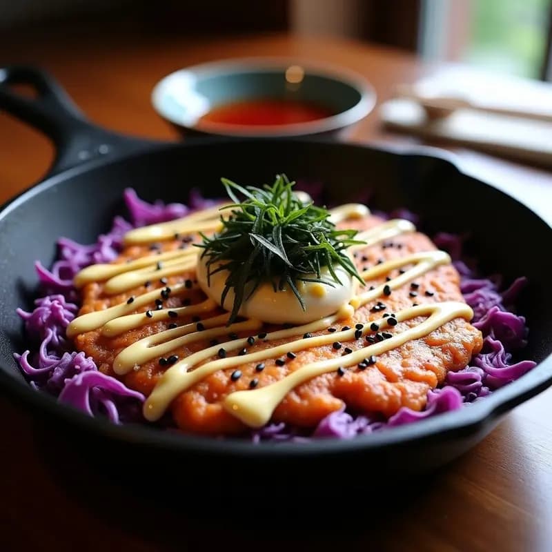 Okonomiyaki de repollo morado y calamar gourmet en sartén, con salsa okonomiyaki, mayonesa japonesa, katsuobushi y alga nori, servido en plato de cerámica negra.