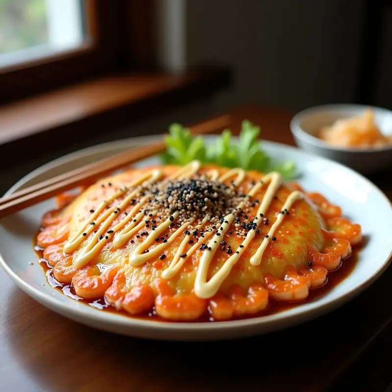 Okonomiyaki de repollo y camarones dorado y crujiente en sartén, con salsa okonomiyaki brillante, mayonesa en zigzag, semillas de sésamo negro y bonito en escamas, servido en plato de cerámica blanca.