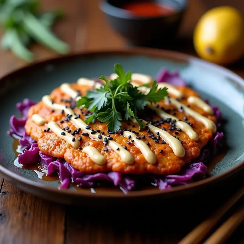 Okonomiyaki vegano sin harina con base de camote morado rallado y repollo morado, dorado y crujiente por fuera, decorado con mayonesa vegana, salsa okonomiyaki, alga nori y semillas de sésamo negras y blancas, servido en plato rústico.