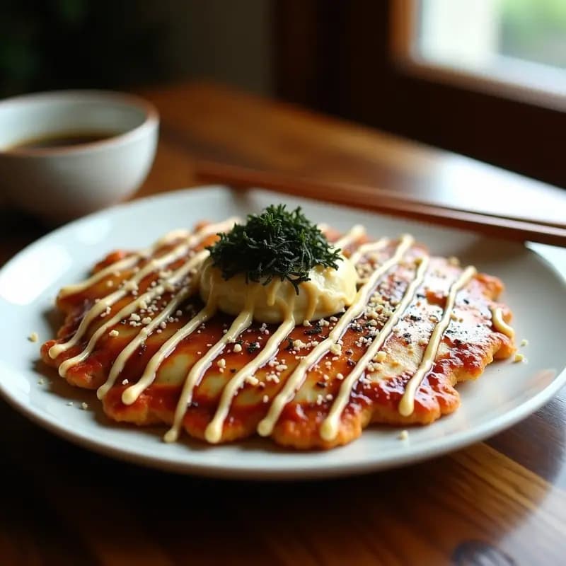 Okonomiyaki con repollo y cerdo, tortilla japonesa dorada y esponjosa servida en plato blanco, bañada con salsa okonomiyaki oscura y mayonesa kewpie en zigzag, decorada con copos de bonito y algas nori desmenuzadas.