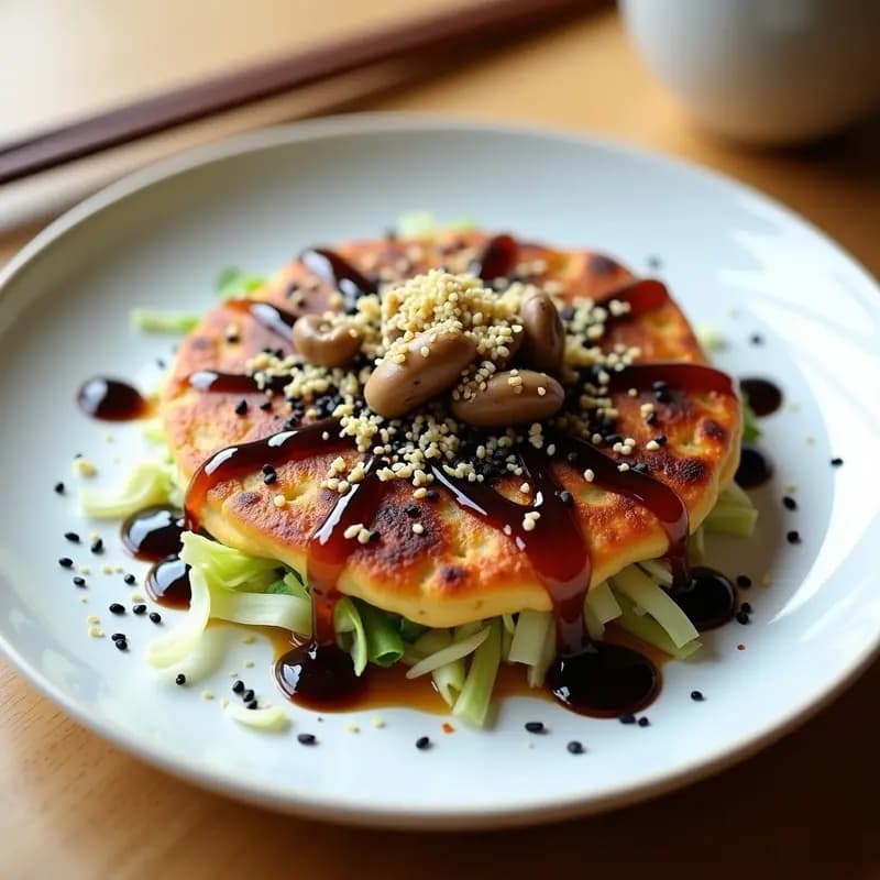 Okonomiyaki vegano de repollo y champiñones dorado por ambos lados, servido en un plato de cerámica blanca con salsa umami oscura vertida por encima, espolvoreado con semillas de sésamo negro y algas nori en copos. Fondo minimalista con tenedores de madera.