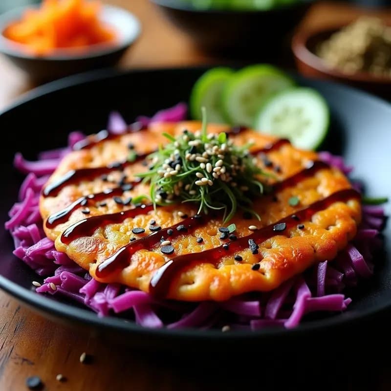Okonomiyaki japonés vegano y sin gluten con repollo morado, dorado y crujiente, servido en plato negro con salsa umami oscura, mayonesa vegana en zigzag, semillas de sésamo y copos de chile. Fondos de ingredientes frescos como zanahoria rallada y cebolla morada.