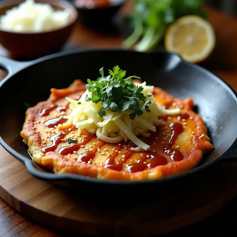Okonomiyaki japonés dorado en sartén, con repollo fresco, salsa teriyaki brillante y decoración de mayonesa, semillas de sésamo negro y copos de bonito, servido en plato negro.