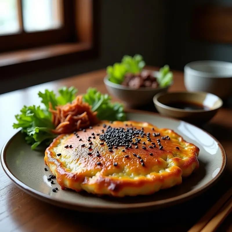 Okonomiyaki vegano de col rizada y shiitake servido en plato negro, con salsa okonomiyaki brillante, semillas de sésamo negro y algas nori espolvoreadas, receta japonesa sin gluten y sin huevos.