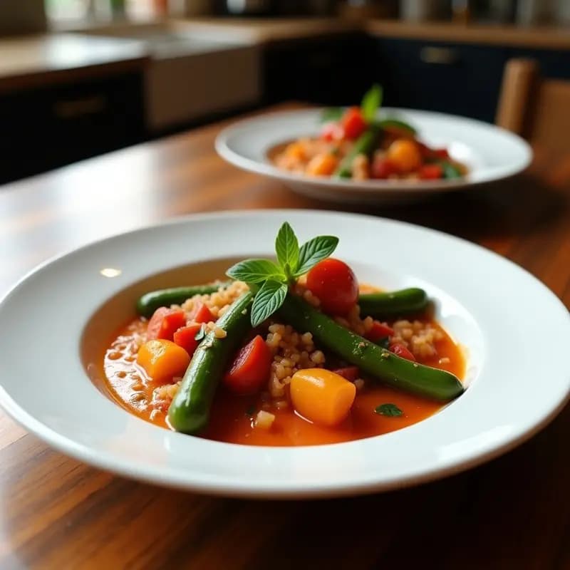 Plato hondo de barro lleno de Okra Stew Nigeriano, un guiso vegano con trozos de okra, tomate y cebolla morada en una salsa espesa y aromática. Acompañado de arroz integral y decorado con hojas de albahaca fresca.