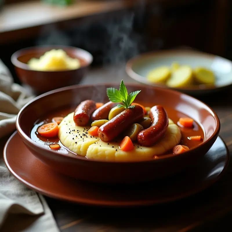 Plato hondo de barro con okrejok de salchicha ahumada rusa en salsa espesa, servido sobre puré de patatas cremoso. Decorado con rodajas de pepinillo y un hilo de nata líquida. Fondos de cocina rusa tradicional.