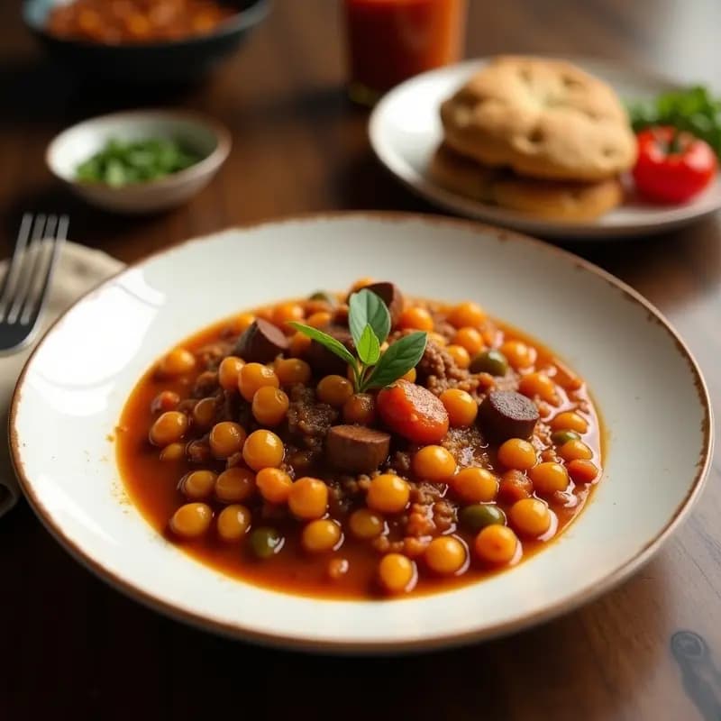 Olla de barro humeante con olla gitana de garbanzos y pringá sevillana, servida en cuenco rústico con trozos de pan tostado y perejil fresco.