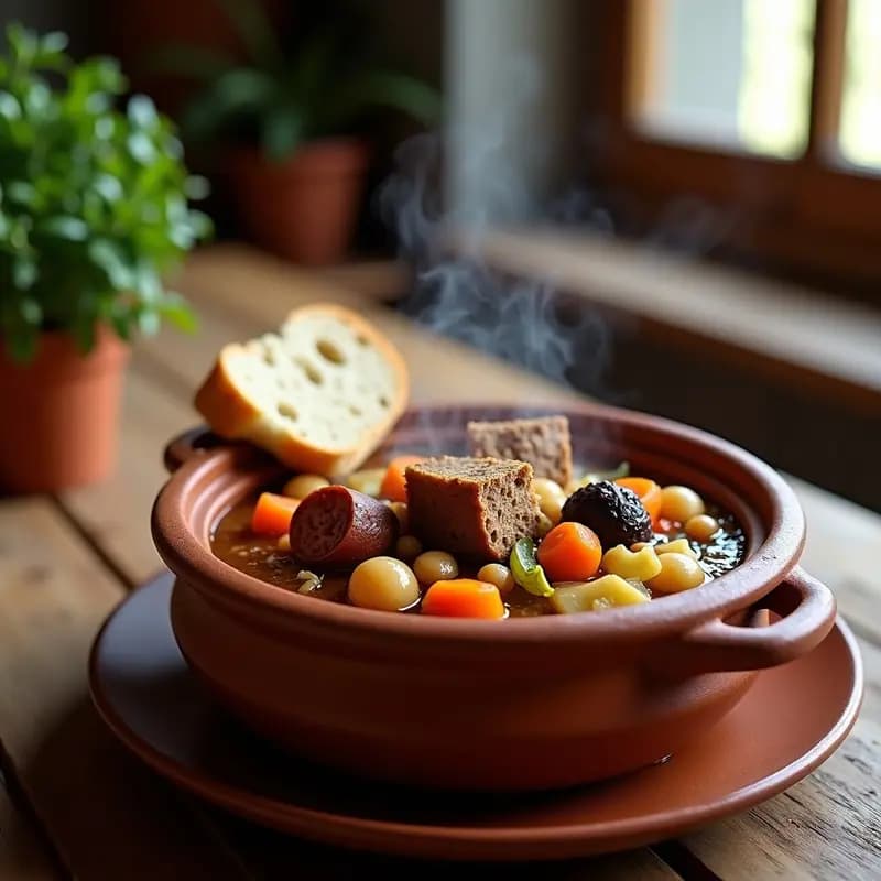 Olla de barro humeante con olla podrida castellana moderna, garbanzos, trozos de chorizo, morcilla, costilla de cerdo, patatas y verduras en un caldo espeso, servida en plato hondo de barro con pan rústico al lado.