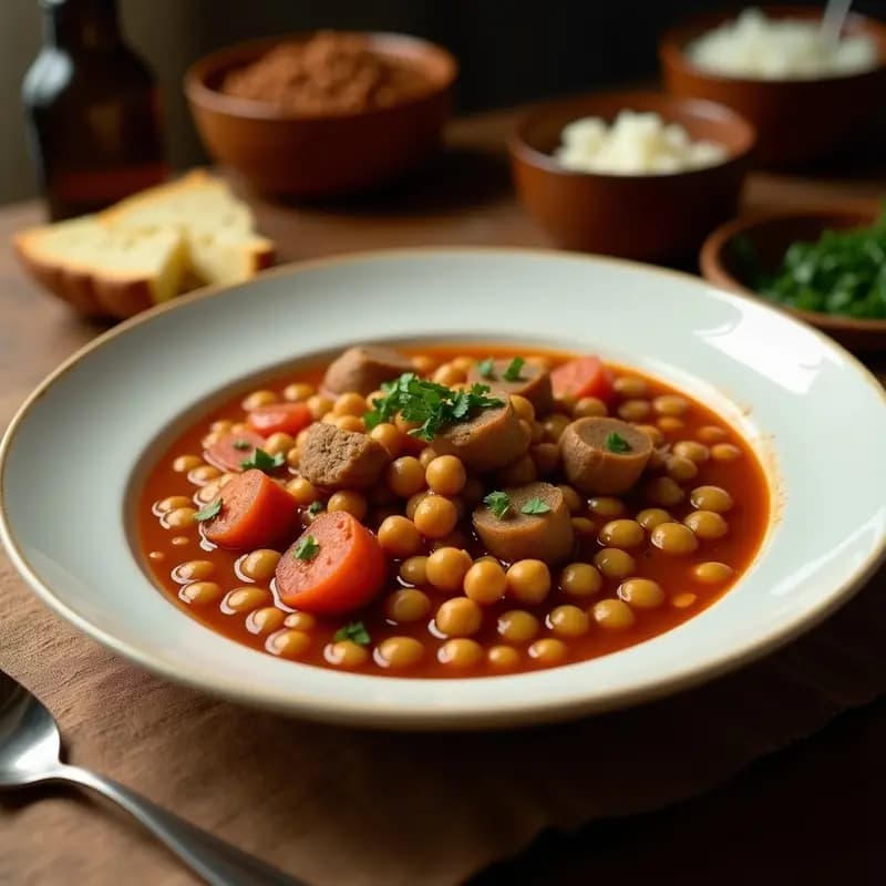 Olla de barro humeante con Olla Podrida manchega: garbanzos dorados, costillas de cerdo, morcilla, pollo y verduras en un caldo espeso, servido en plato rústico con huevo duro y aceite de oliva.