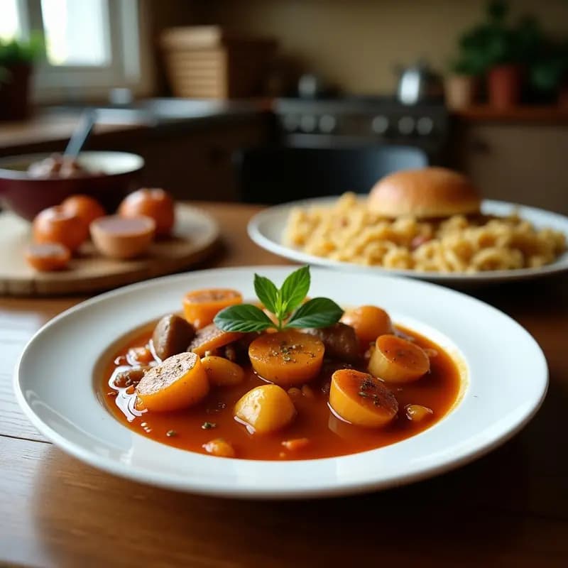 Olla de barro humeante con olla podrida tradicional española: garbanzos, alubias, costilla de cerdo, chorizo y morcilla en un caldo espeso, servida en cuenco rústico con pan.