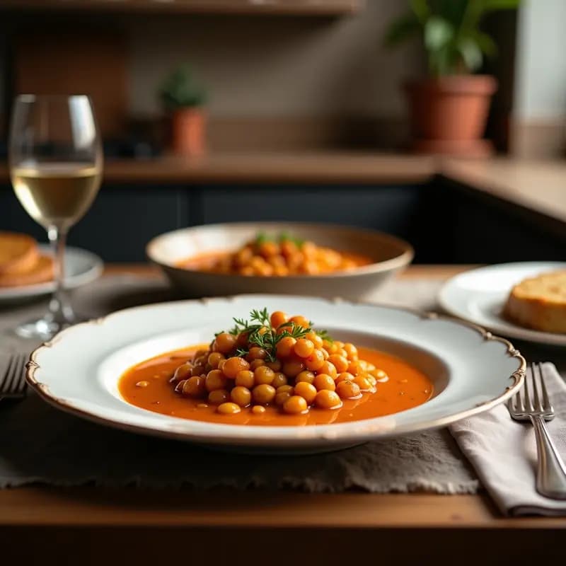 Olla de barro humeante con olla podrida madrileña tradicional: garbanzos dorados, trozos de pollo, costilla de cerdo, morcilla y verduras en un caldo espeso, servido en platos de barro rústicos sobre una mesa de madera con pan fresco.