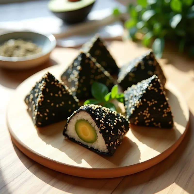 Onigiri triangulares de arroz blanco con relleno de aguacate cremoso, cubiertos de semillas de sésamo negro y blanco, decorados con tiras de alga nori. Plato minimalista con fondo de madera clara.