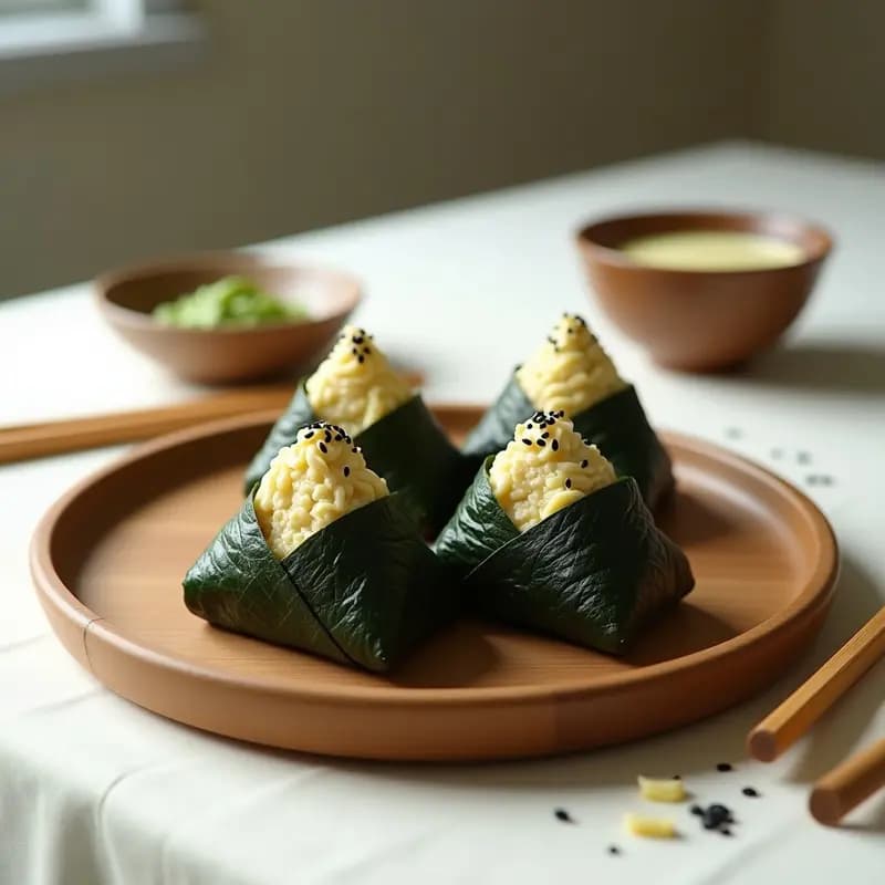 Onigiri japonés en forma de triángulo con relleno de atún y mayonesa de wasabi, envueltos en alga nori y espolvoreados con semillas de sésamo negro, servidos en un plato de madera con fondo minimalista.
