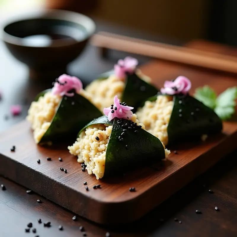 Onigiri de quinoa y champiñones shitake con forma triangular, envueltos parcialmente en algas nori, decorados con semillas de sésamo negro y servidos en un plato de madera oscuro con fondo minimalista japonés.