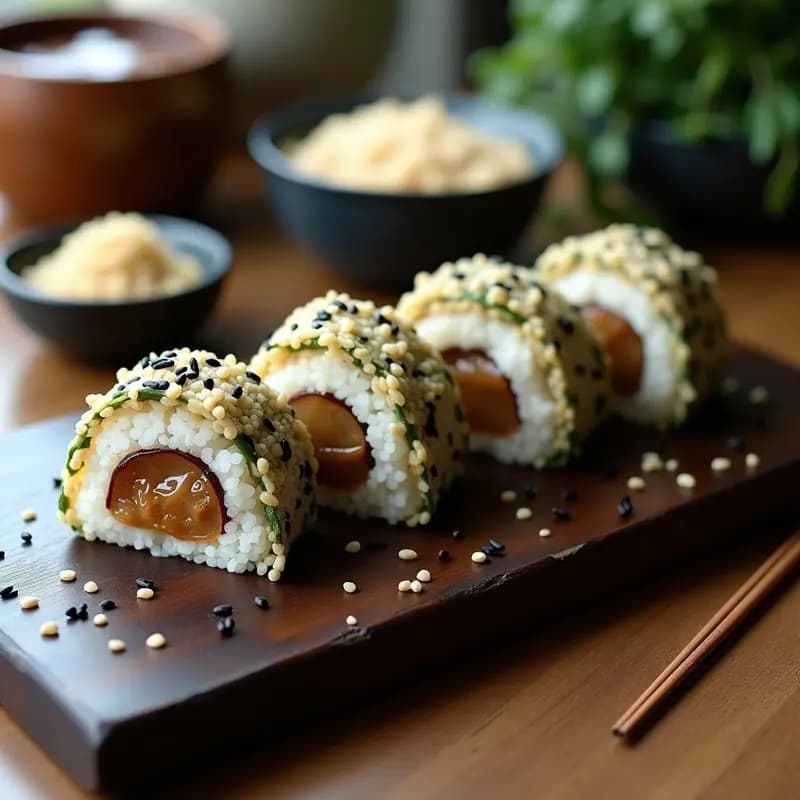 Seis onigiri de quinoa en forma triangular, perfectamente moldeados, rellenos de champiñones shitake glaseados, envueltos parcialmente con tiras de alga nori y espolvoreados con semillas de sésamo negro. Presentados en una bandeja de madera oscura con fondo neutro, resaltando su textura esponjosa y el brillo del relleno umami.