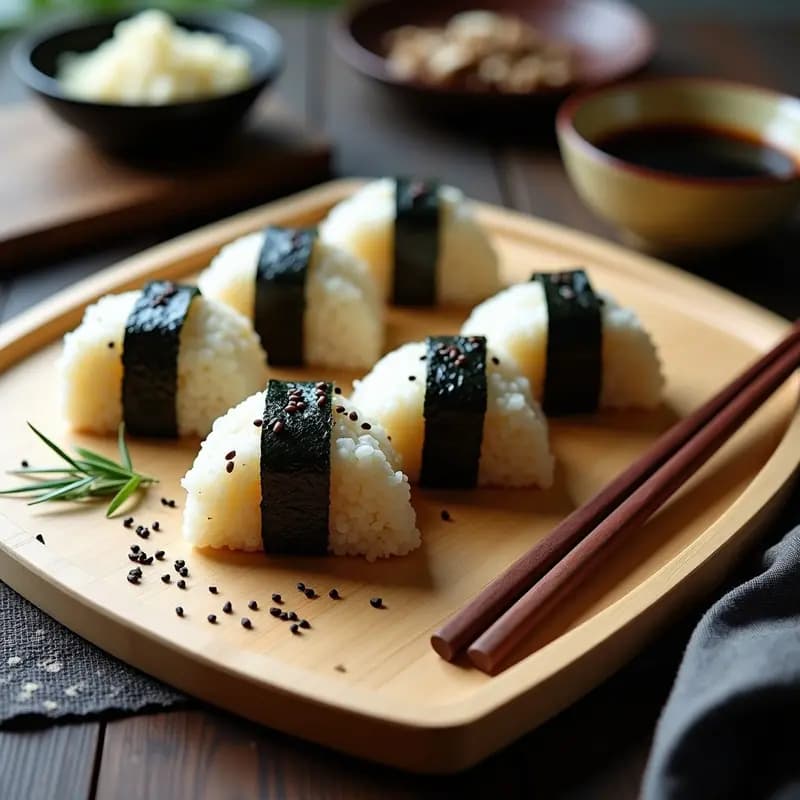 Onigiri triangulares de quinoa y hongos shiitake con algas nori, receta japonesa vegana sin arroz, servidos en plato de madera con semillas de sésamo negro.
