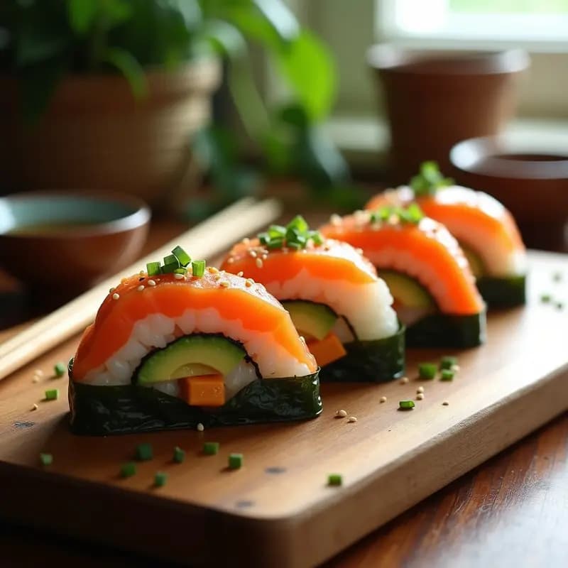 Onigiri japonés en forma de triángulo con relleno cremoso de salmón y aguacate, envuelto en algas nori, espolvoreado con sésamo tostado y cebollino, sobre una tabla de madera rústica.