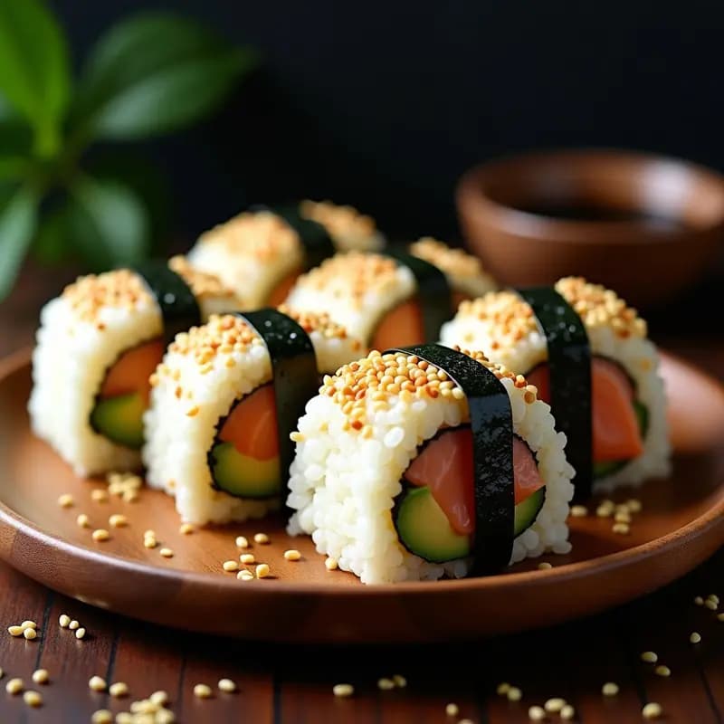 Onigiri de salmón y aguacate: bolas de arroz japonesas rellenas con trozos de salmón fresco marinado, aguacate cremoso y pepino encurtido, envueltas en alga nori tostada y espolvoreadas con semillas de sésamo, presentadas en una bandeja de madera.