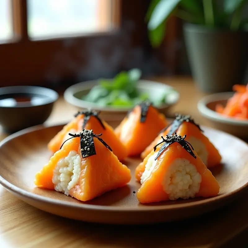 Onigiri de salmón ahumado y queso crema dorados en airfryer, con semillas de sésamo y alga nori, servidos en plato de madera con salsa de soja al lado.