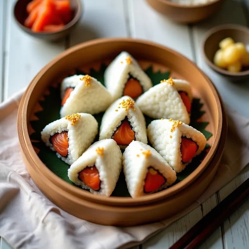Seis onigiri triangulares de arroz blanco sazonado con furikake, rellenos de salmón ahumado y queso crema, decorados con sésamo tostado y tiras de alga nori, dispuestos en una fiambrera de bambú con fondo de papel de horno.