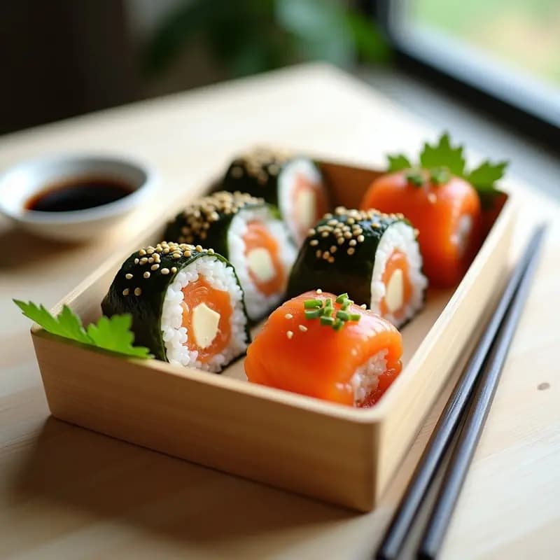Onigiri triangular envuelto en alga nori, relleno de salmón ahumado y queso cream cheese, servido en una caja de tupper con decoración minimalista japonesa.