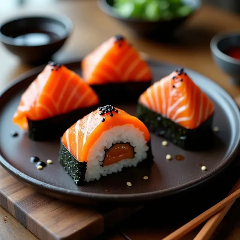 Cuatro onigiri en forma de triángulo con base de algas nori, rellenos de salmón teriyaki brillante, sobre una tabla de madera oscura con semillas de sésamo negro espolvoreadas y salsa teriyaki al lado. Receta de onigiri de salmón teriyaki y algas nori.