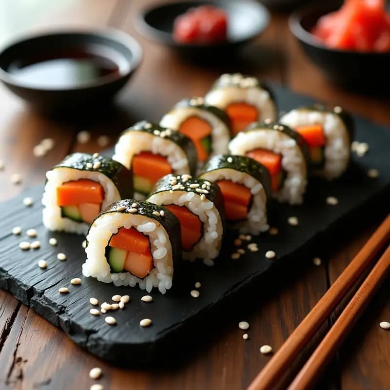Onigiri japonés de salmón teriyaki y umeboshi: bolas de arroz blanco brillante rellenas de salmón glaseado dorado y trocitos de ciruela encurtida, decoradas con semillas de sésamo negro y blanco, sobre una tabla de madera con alga nori al lado.