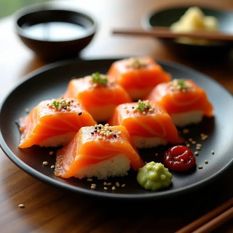 Onigiri de salmón y umeboshi en airfryer con envoltorio de algas nori, presentados en un plato de madera con semillas de sésamo y wasabi, receta japonesa crujiente y umami.
