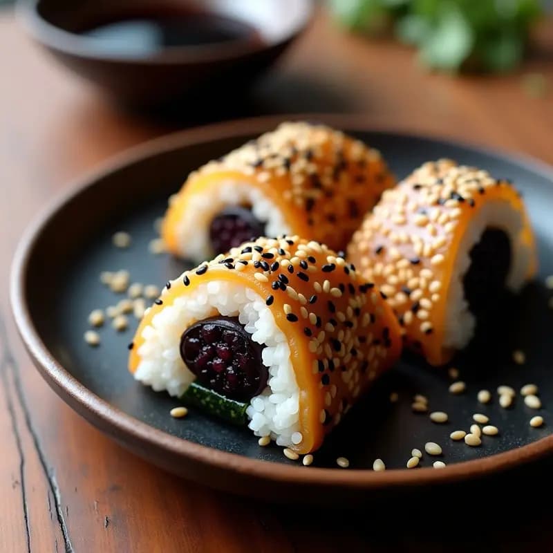 Onigiri japonés vegano con relleno de umeboshi, cubierto de semillas de sésamo negro y blanco, envuelto en alga nori, dispuesto en un plato de madera con fondo minimalista.