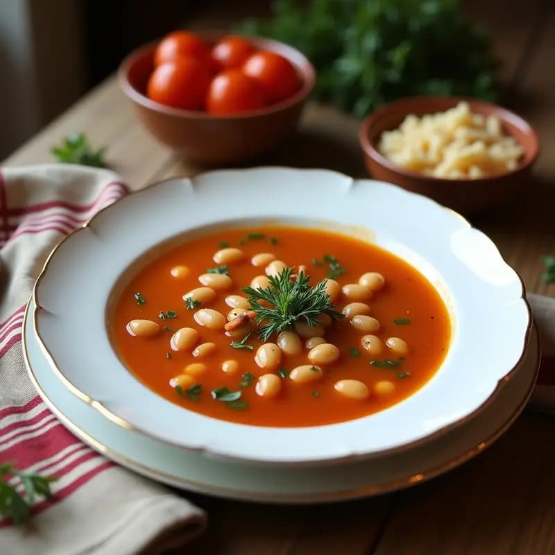 Olla de barro humeante con P bildete, sopa georgiana de judías blancas en caldo espeso, decorada con hierbas frescas como cilantro y estragón, servida con pan integral al lado.