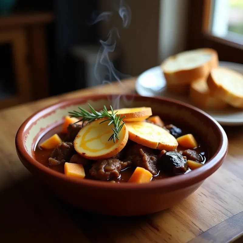 Plato hondo de barro con P Duffy de cordero y berenjena con queso halloumi, estofado irlandés en olla lenta, con rodajas de berenjena asada, trozos de halloumi dorado y hierbas frescas.