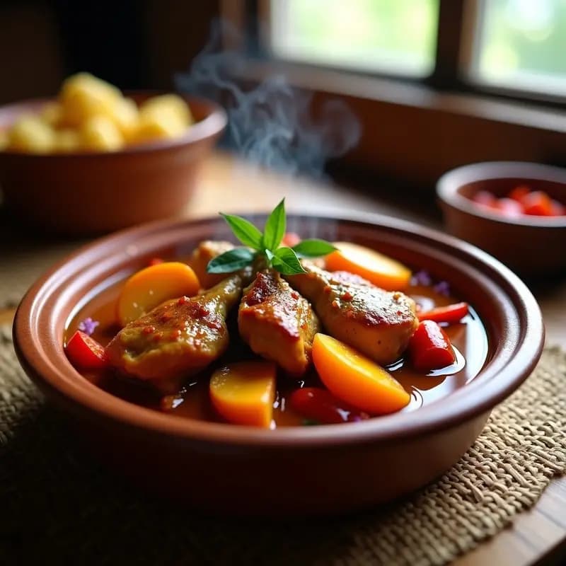 Plato hondo de barro con P realeza de Pollo y Durazno paraguaya: muslos de pollo dorados bañados en salsa espesa de durazno, cebolla morada y especias, servido con arroz blanco y decorado con orégano fresco.