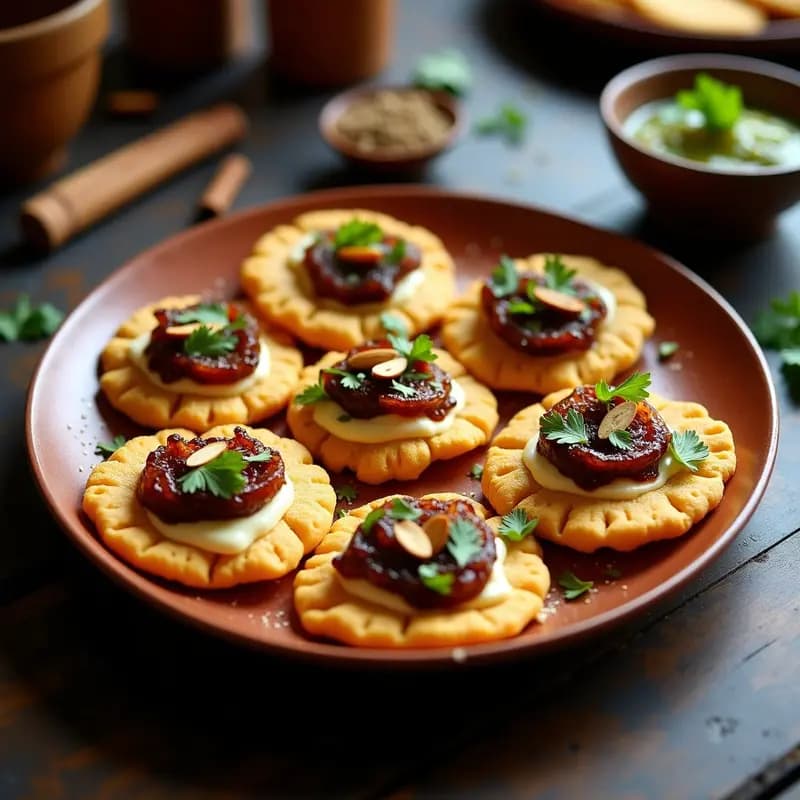Paan indio dorado y crujiente relleno de cebolla caramelizada y queso paneer, servido en un plato de barro con chutney verde al lado. Receta de Paan de Queso y Cebolla Caramelizada sin horno.