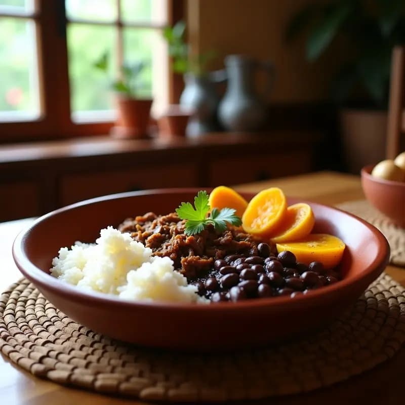 Plato tradicional venezolano de Pabellón Criollo con arroz blanco esponjoso, caraotas negras brillantes, carne mechada jugosa y tajadas de plátano maduro doradas y crujientes, servido en un plato hondo de barro.