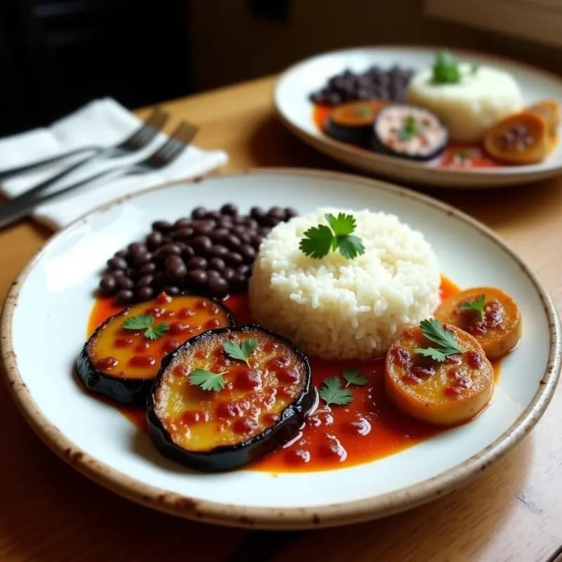 Plato tradicional venezolano vegano con berenjenas asadas doradas, frijoles negros cremosos, arroz blanco esponjoso y tajadas de plátano maduro caramelizado, decorado con cilantro fresco.