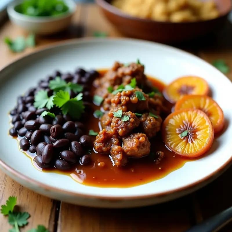 Plato tradicional venezolano vegano con carne de soja estofada con especias, frijoles negros cremosos y rodajas de plátano maduro caramelizado, decorado con cilantro fresco.