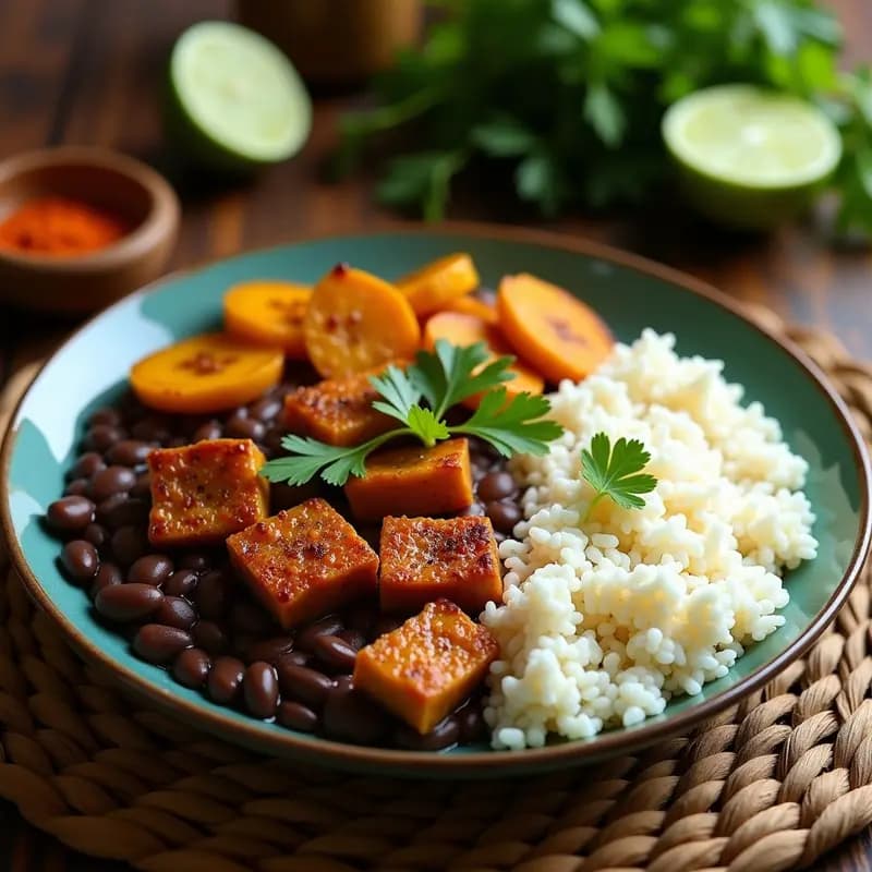 Plato tradicional venezolano vegano con arroz blanco esponjoso, frijoles negros cremosos, tofu desmenuzado dorado y tajadas de plátano maduro caramelizadas, decorado con cilantro fresco. Receta de Pabellón Criollo Vegano con Tofu Desmenuzado Sin Gluten.