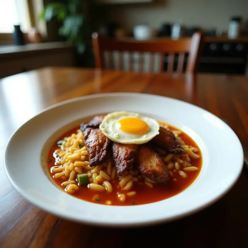 Plato de Pabilog Filipino con arroz jasmín blanco, tiras de cerdo asado glaseado en salsa oscura, huevo frito con yema líquida y rodajas de cebolla morada. Receta de desayuno alta en proteína.